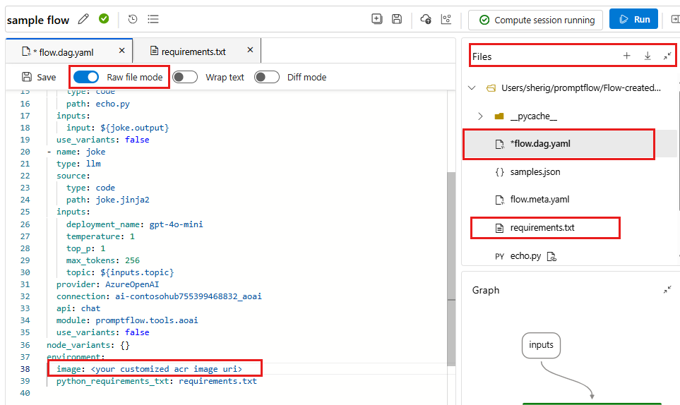 흐름의 원시 yaml 파일에 기본 이미지를 지정하는 스크린샷.
