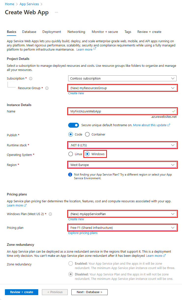 Azure Portal의 .NET 8용 새로운 App Service 앱 구성 스크린샷.