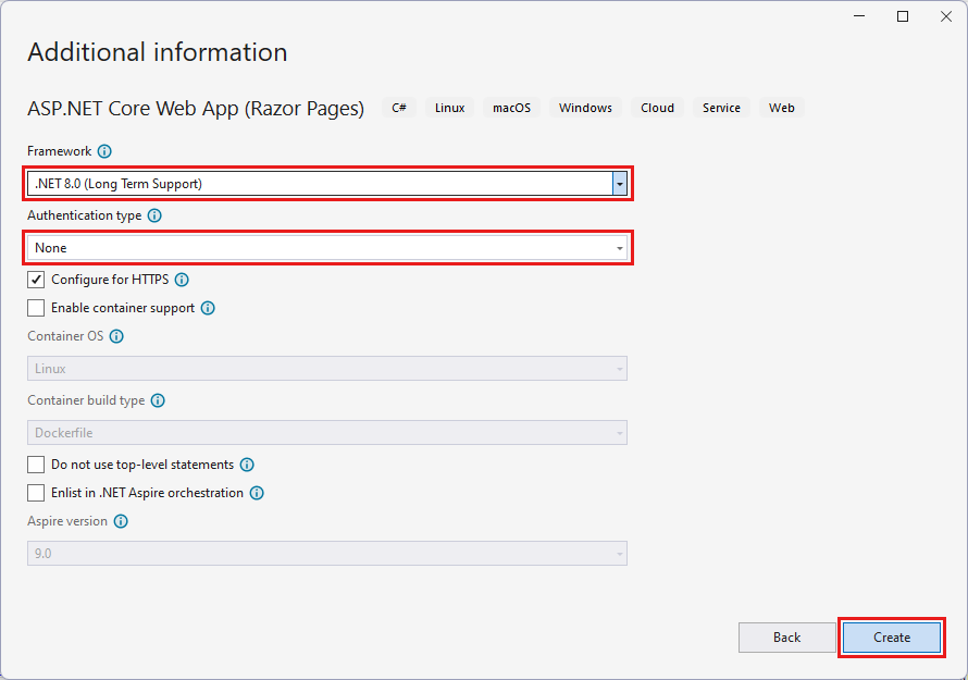 Visual Studio 스크린샷 - .NET 8.0 선택 시 추가 정보