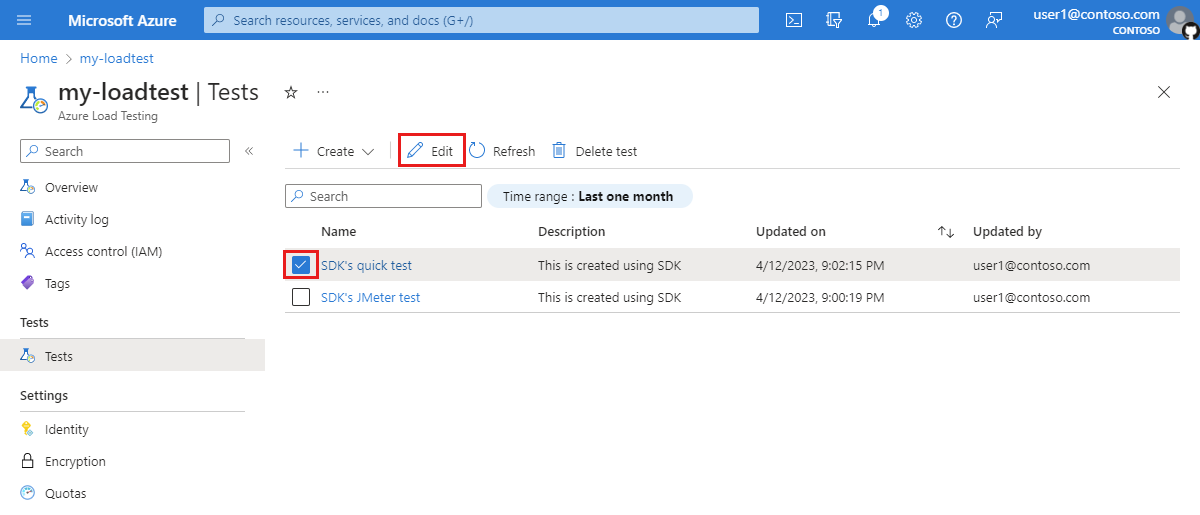 Azure Portal에서 부하 테스트를 선택하고 편집하는 방법을 보여 주는 스크린샷.