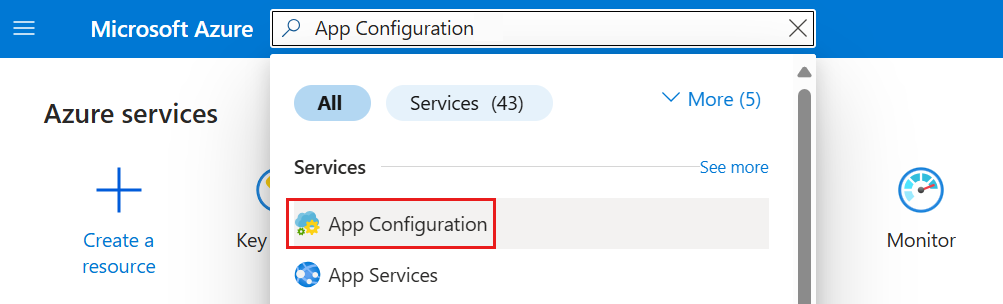 검색 창에 App Configuration 서비스를 표시하는 Azure Portal의 스크린샷.