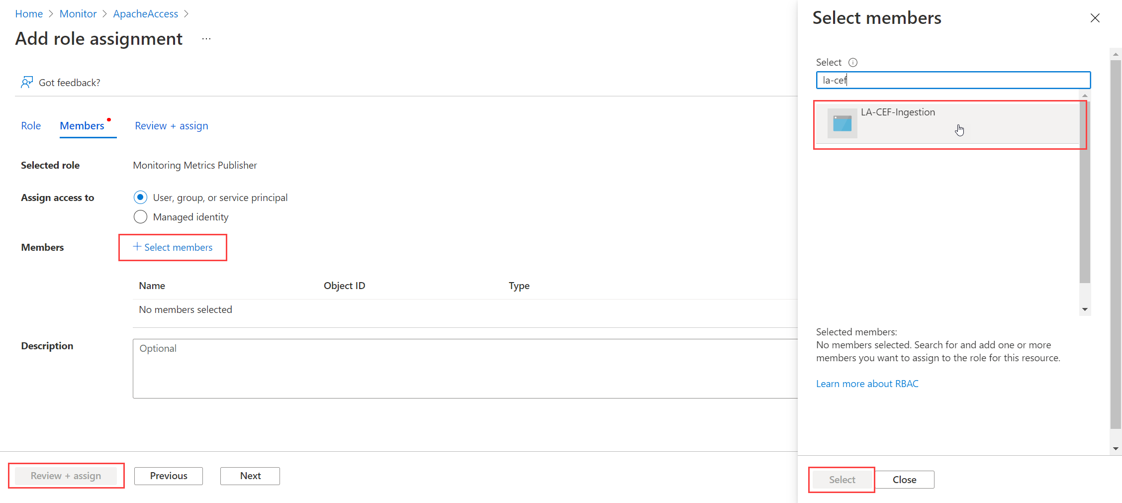 DCR 역할 할당에 대한 멤버 선택을 보여 주는 스크린샷