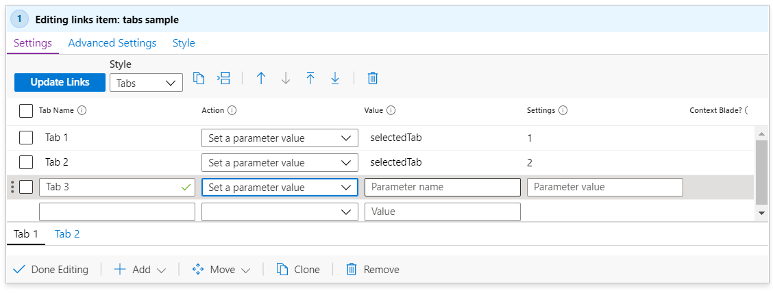 통합 문서에서 탭을 만드는 스크린샷