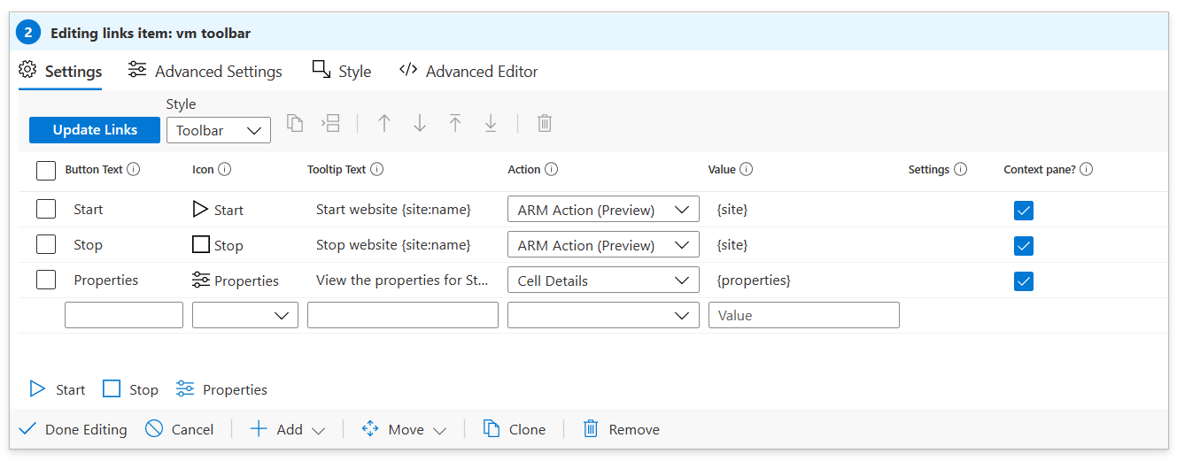 통합 문서에서 도구 모음 스타일의 링크를 만드는 스크린샷