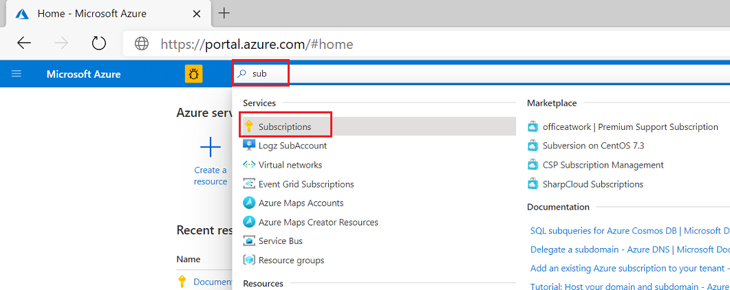 Screenshot of searching for subscriptions in the Azure portal.