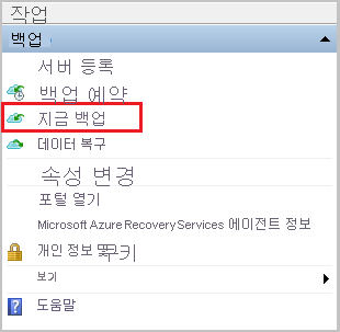 Windows Server 백업 시작 방법을 보여 주는 스크린샷.