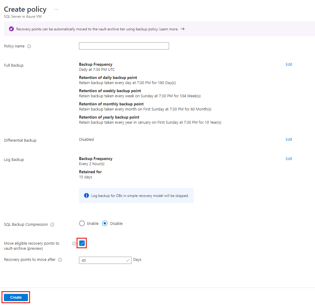 적격한 복구 지점을 자격 증명 모음 보관 계층으로 이동시키는 옵션 선택을 보여주는 스크린샷.