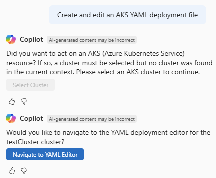 Azure Copilot에서 AKS YAML 파일을 생성하는 데 도움이 되는 프롬프트의 스크린샷