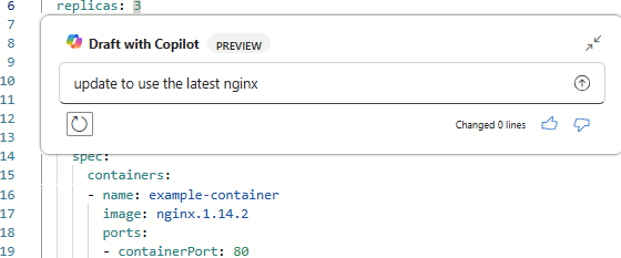 AKS YAML 파일을 업데이트하기 위한 Azure Copilot 요청의 스크린샷. 