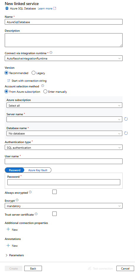 Azure SQL Database에 연결된 서비스 구성 스크린샷.