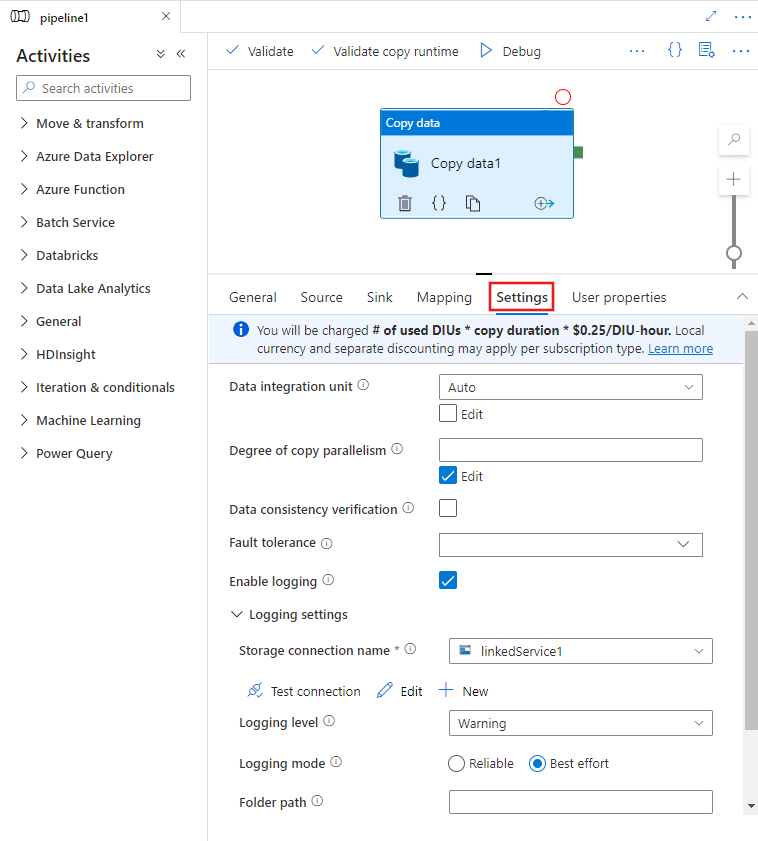 파이프라인 편집기에서 작업의 설정 탭에 있는 복사 작업 성능 기능을 보여줍니다.