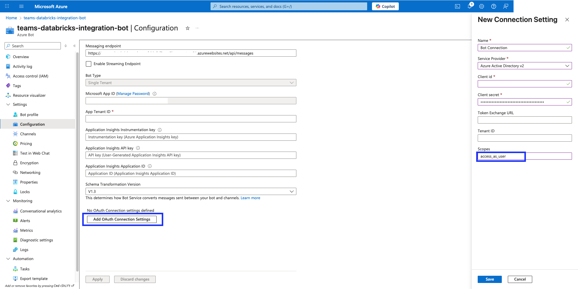 Azure 봇에 OAuth 연결 추가