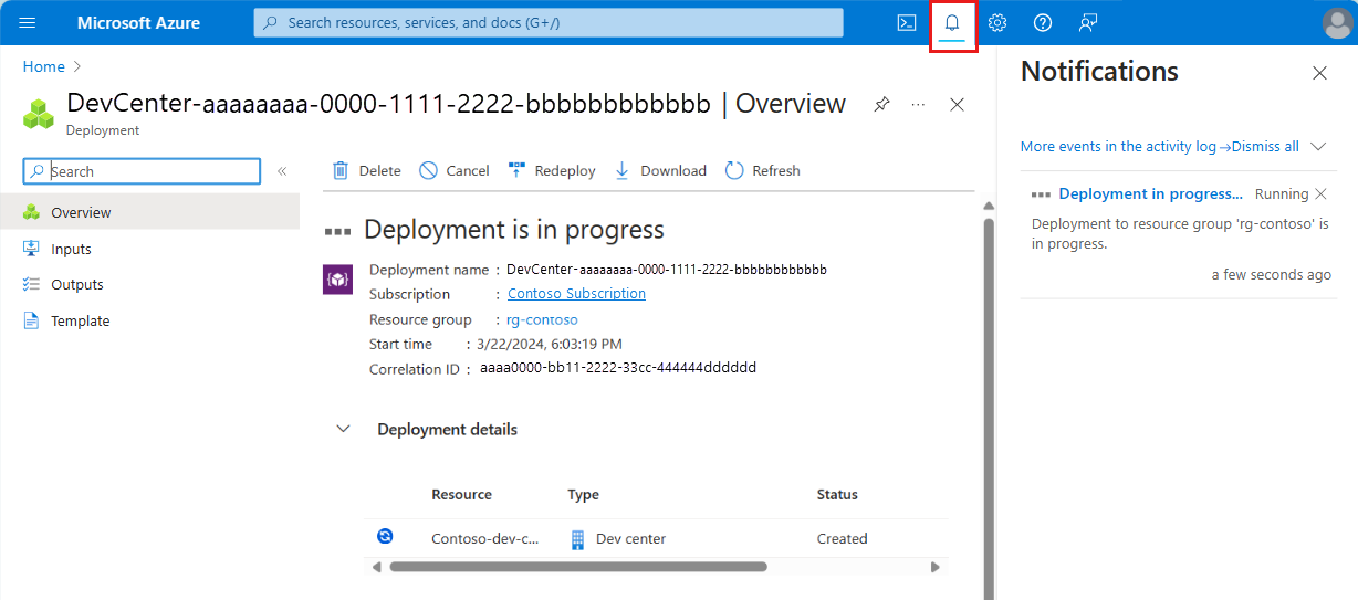 개발자 센터 만들기를 확인하는 포털 알림을 보여 주는 스크린샷.