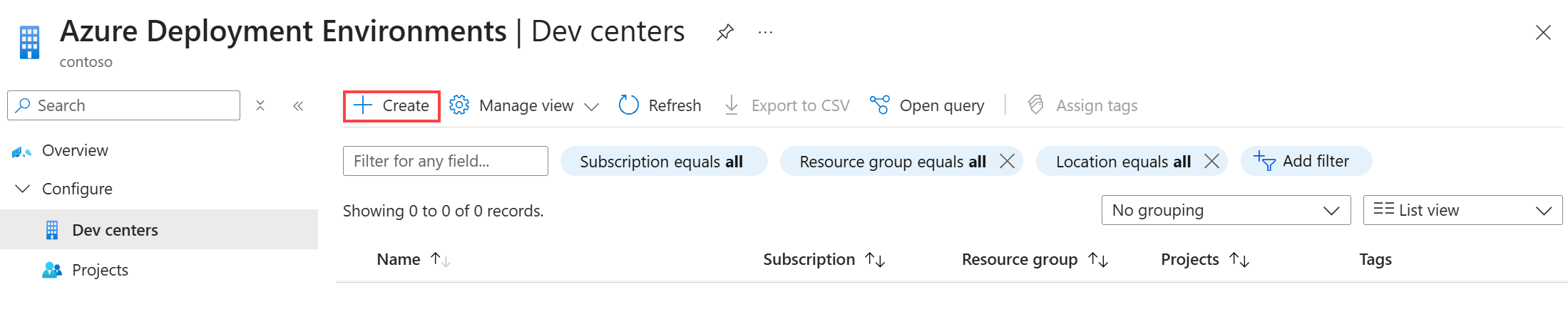 Azure Deployment Environments에서 개발자 센터를 만드는 방법을 보여 주는 스크린샷.