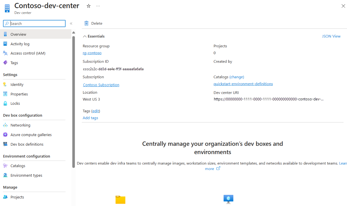 개발자 센터 개요 창을 보여 주는 스크린샷.