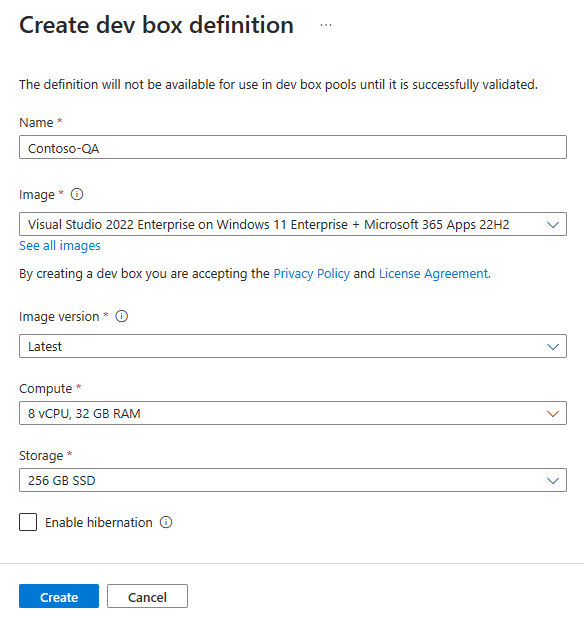 개발 상자 정의를 만들기 위한 창을 보여 주는 스크린샷.
