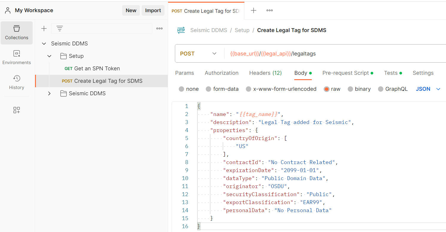 Screenshot that shows the API that creates a legal tag.