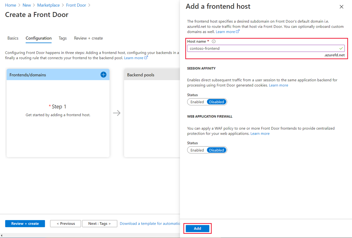 Azure Front Door에 대한 프런트 엔드 호스트 추가