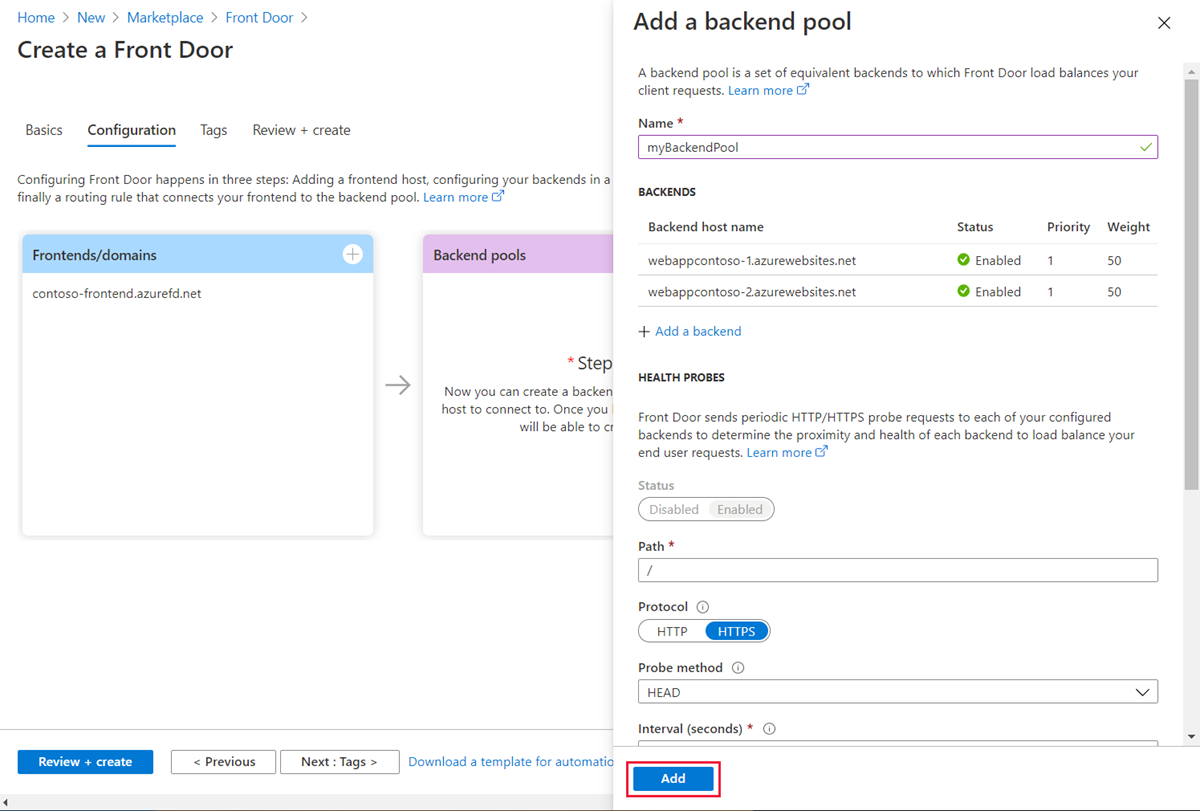 Azure Front Door에 대한 백 엔드 풀 추가