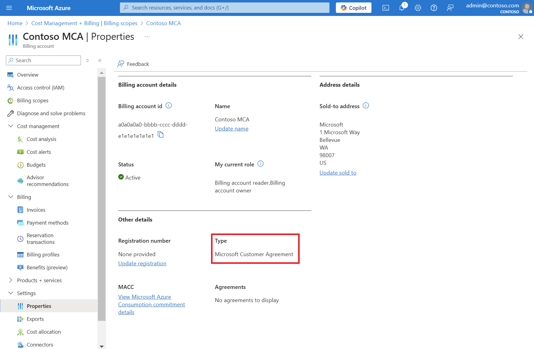 속성 창에서 Microsoft 고객 계약을 보여 주는 스크린샷입니다.
