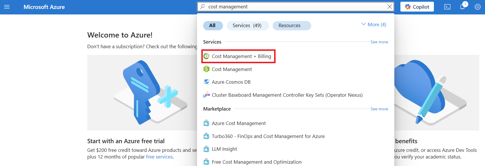 Cost Management and Billing에 대한 Azure Portal 검색을 보여 주는 스크린샷입니다.