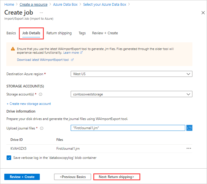 Azure Data Box에서 가져오기 작업에 대한 완료된 작업 세부 정보 탭의 스크린샷. 작업 세부 정보 탭 및 다음: 반송 단추가 강조 표시됩니다.