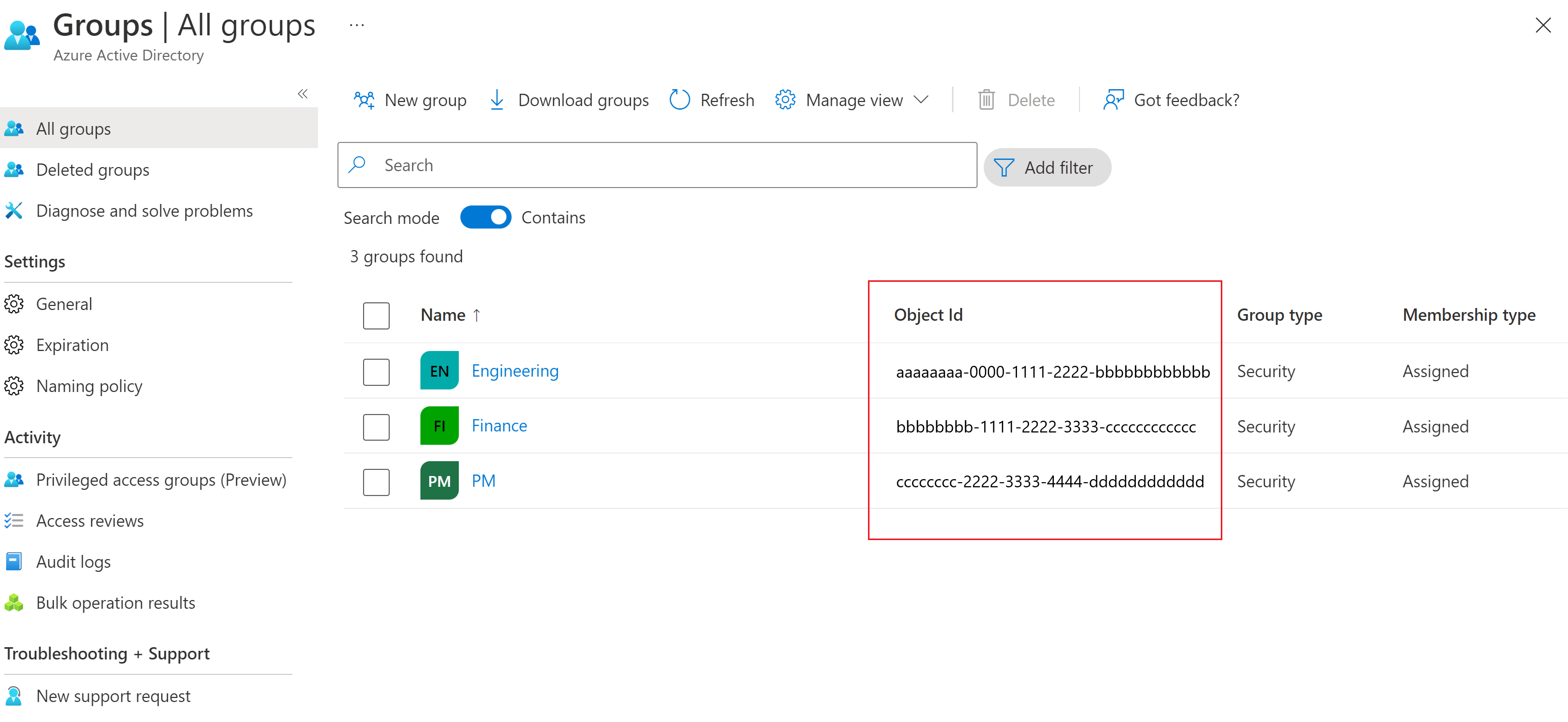 Microsoft Entra 그룹의 스크린샷