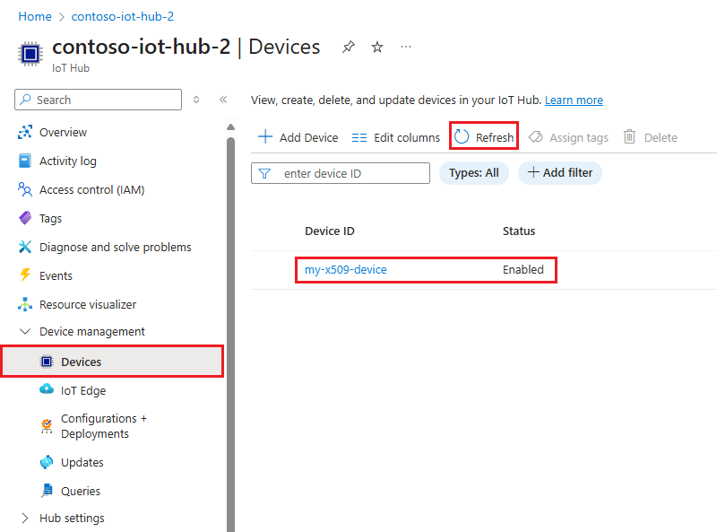 디바이스가 Azure Portal의 IoT Hub에 등록되었음을 보여 주는 스크린샷.