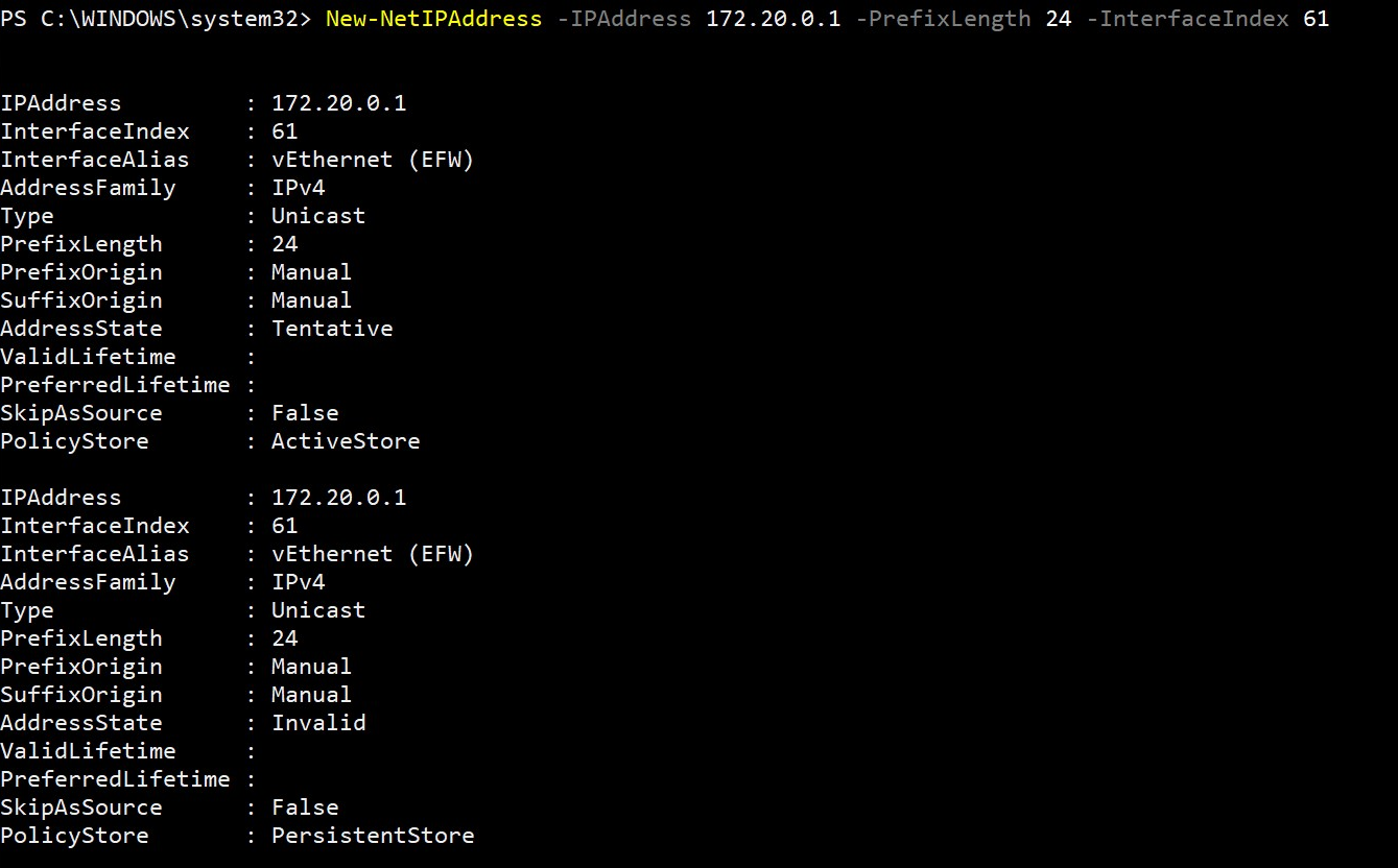New-NetIPAddress 명령 실행 출력의 스크린샷