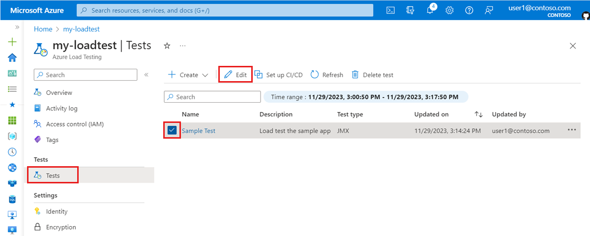 Screenshot that shows the list of load tests in the Azure portal, highlighting how to select a test from the list and the Edit button to modify the load test configuration.