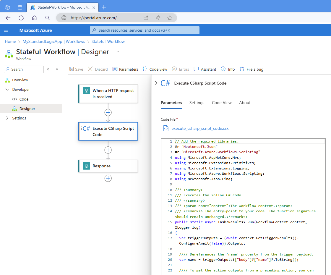 스크린샷은 Azure Portal, 표준 워크플로 디자이너, 요청 트리거, 정보 창이 열려 있는 CSharp 스크립트 코드 실행 작업 및 응답 작업을 보여줍니다. 정보 창에는 샘플 C# 스크립트가 표시됩니다.