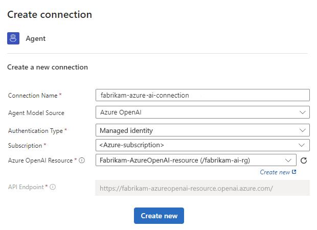 스크린샷은 Azure OpenAI Service에서 배포된 모델에 대한 연결 세부 정보 예제를 보여줍니다.