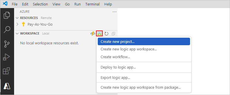 스크린샷은 선택한 항목인 새 프로젝트 만들기가 있는 Azure 창, 작업 영역 도구 모음 및 Azure Logic Apps 메뉴를 보여줍니다.