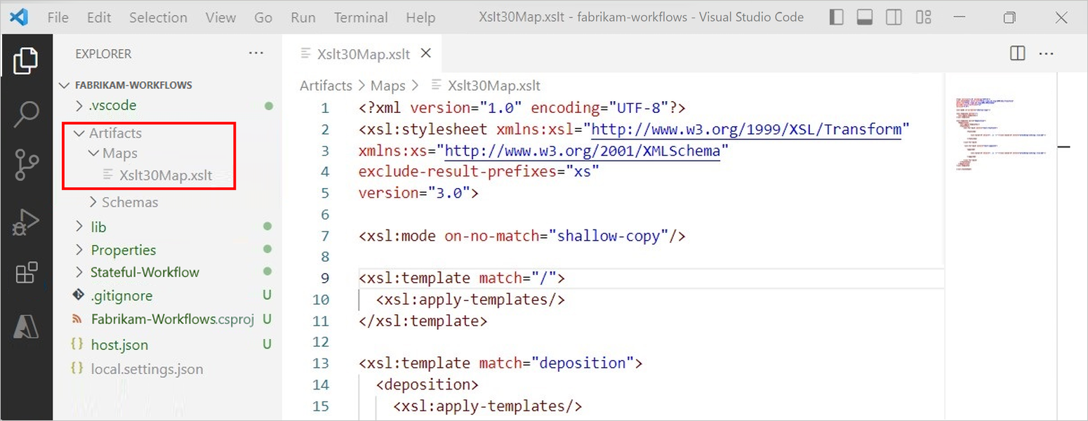 아티팩트 및 지도 폴더가 확장된 Visual Studio Code 프로젝트 계층 구조를 보여 주는 스크린샷