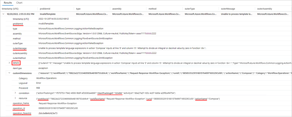 Application Insights, 예외 이벤트에 대한 결과 탭, 구성 작업에 대한 예외 이벤트가 확장된 모습, 그리고 예외 세부 정보를 보여 주는 스크린샷.