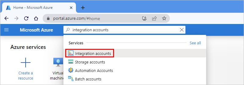 통합 계정이 입력되고 통합 계정이 선택된 Azure Portal 검색 상자를 보여 주는 스크린샷