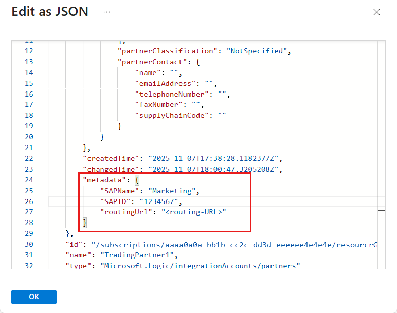 스크린샷은 세 개의 키-값 쌍이 강조 표시된 TradingPartner1에 대한 JSON 코드를 보여줍니다.