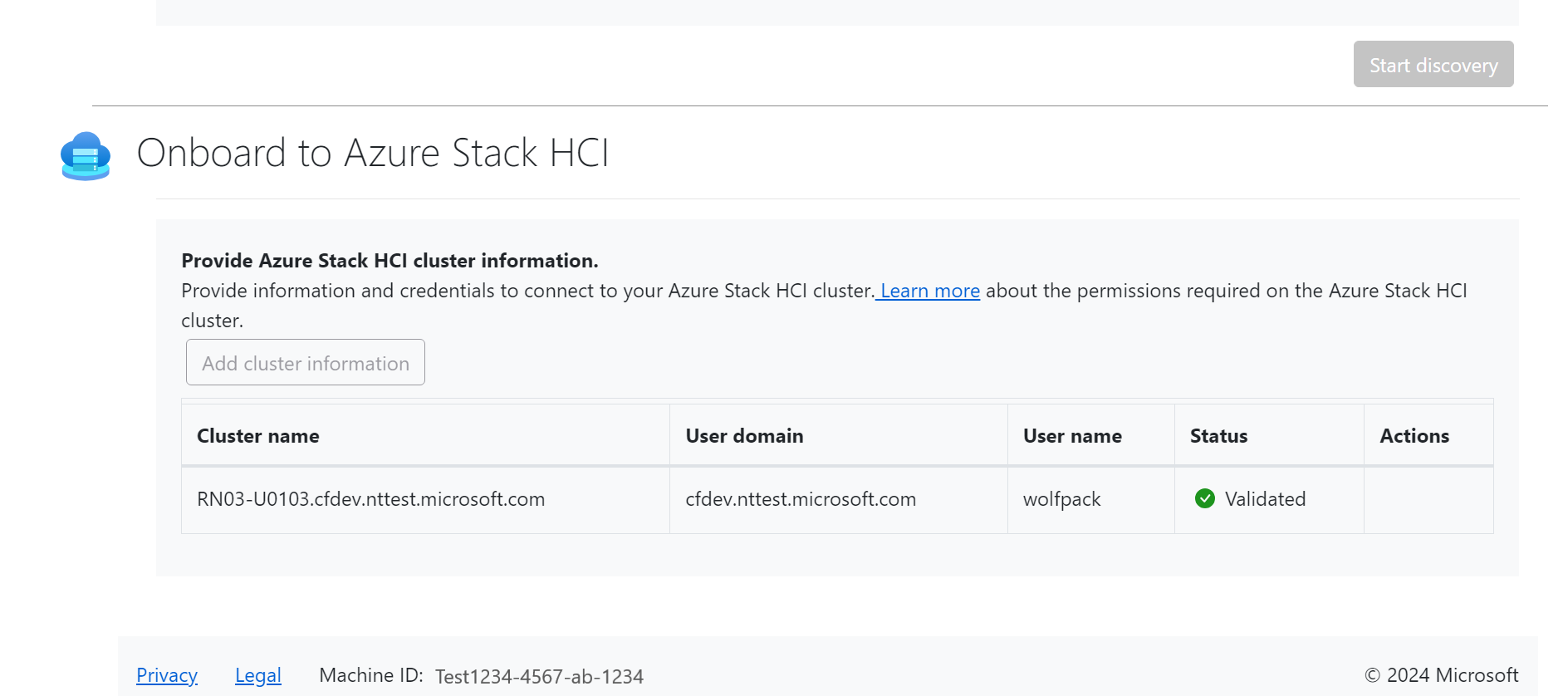 Azure Stack HCI에 온보딩 섹션을 보여 주는 스크린샷.