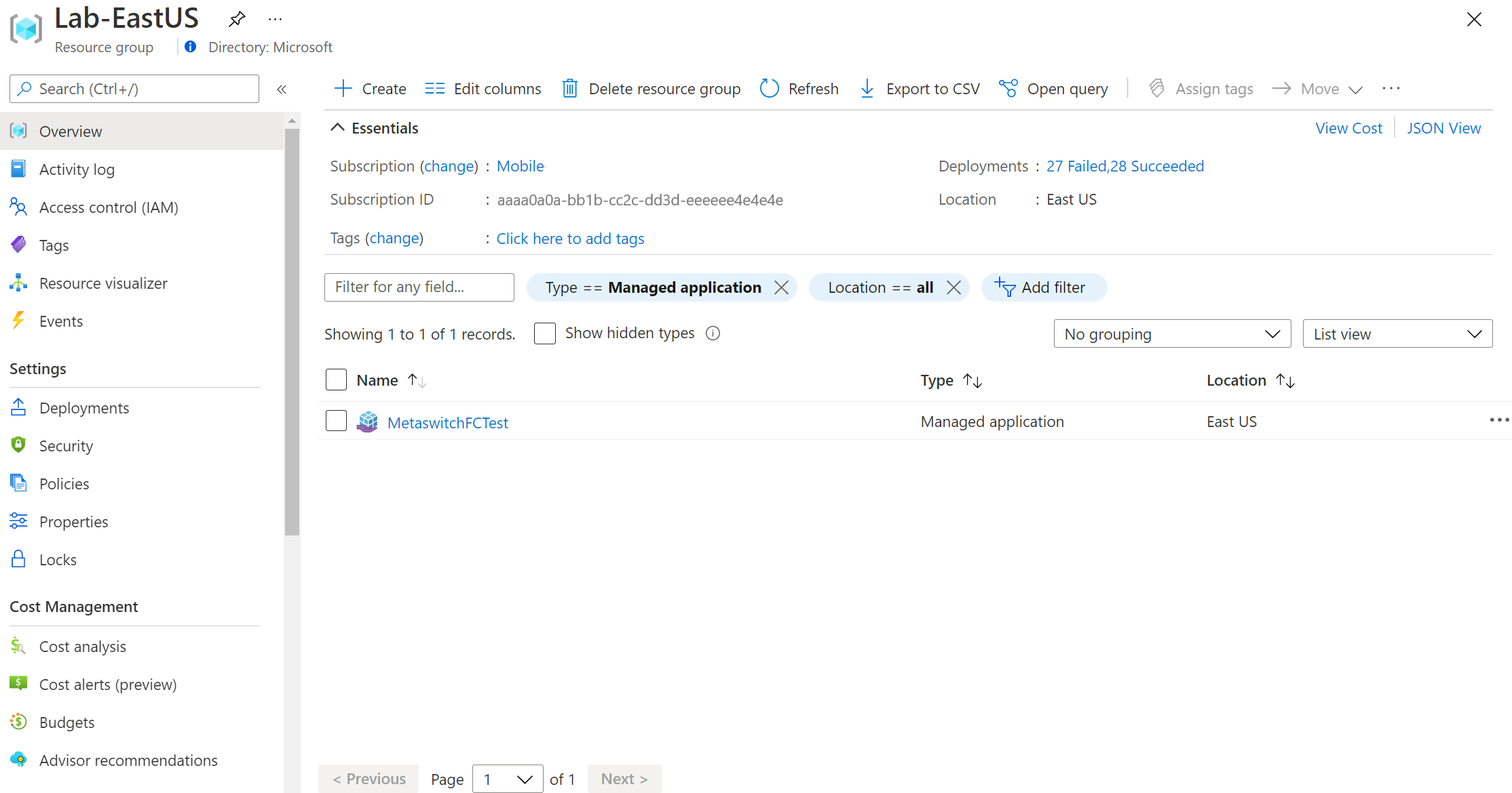 Screenshot of Managed App in the Customer resource group.