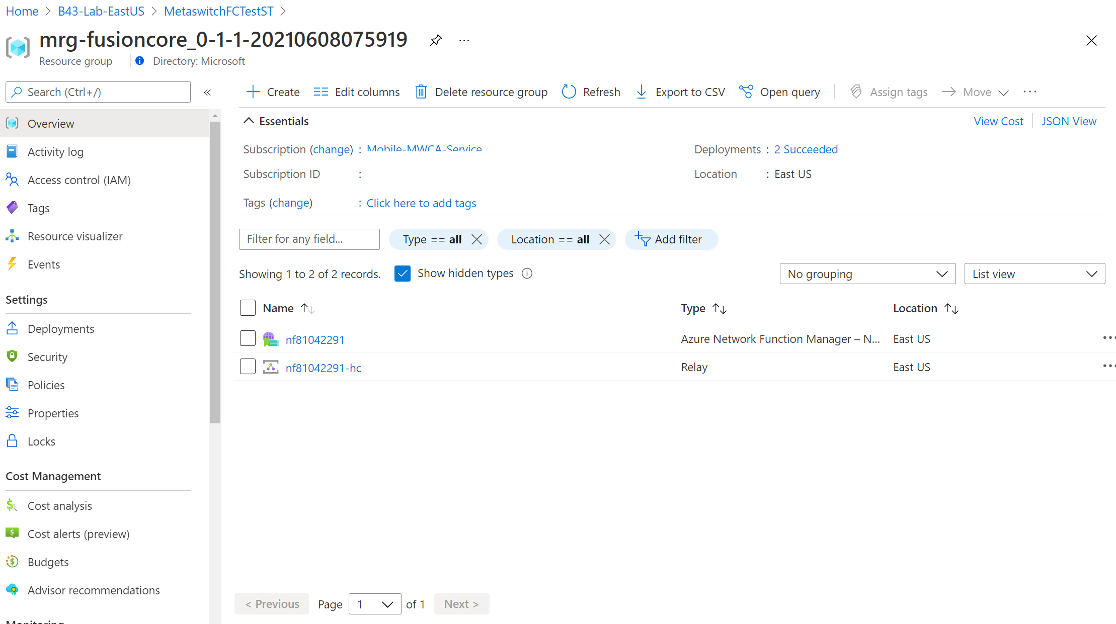 Screenshot of the network function in the managed resource group.