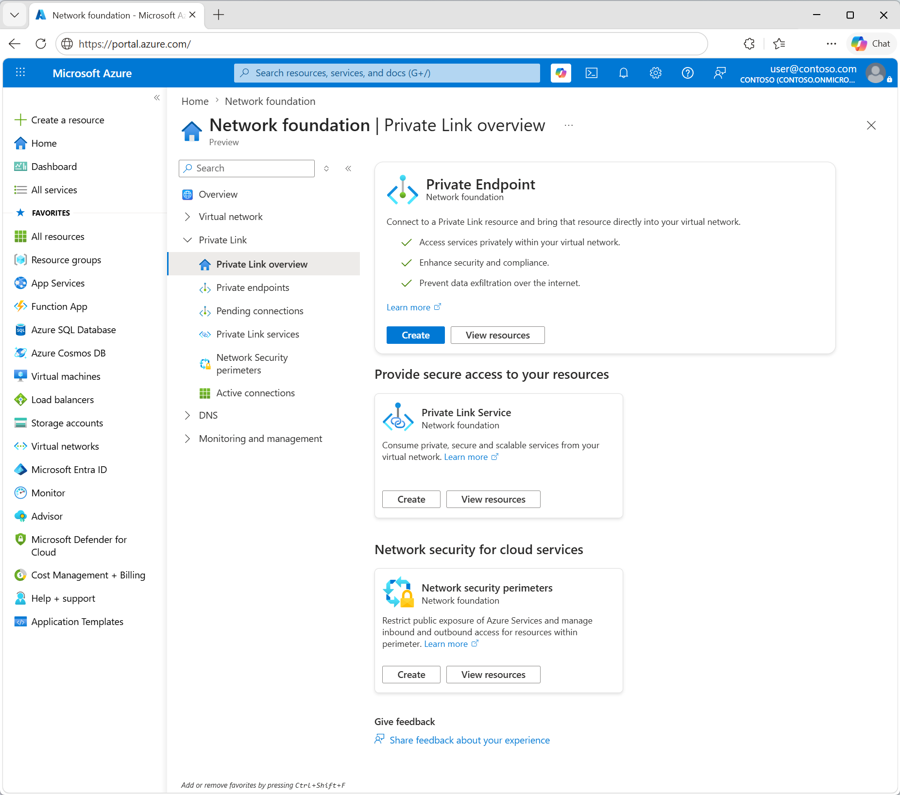 Azure Portal에서 Azure Private Link 센터의 스크린샷