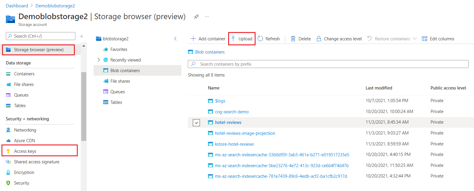  업로드된 파일과 왼쪽 탐색 창이 있는 Storage Browser의 스크린샷