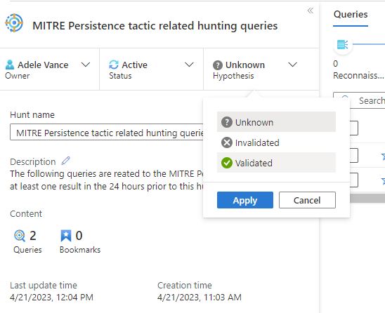 스크린샷은 가설 상태 메뉴 선택을 보여줍니다.