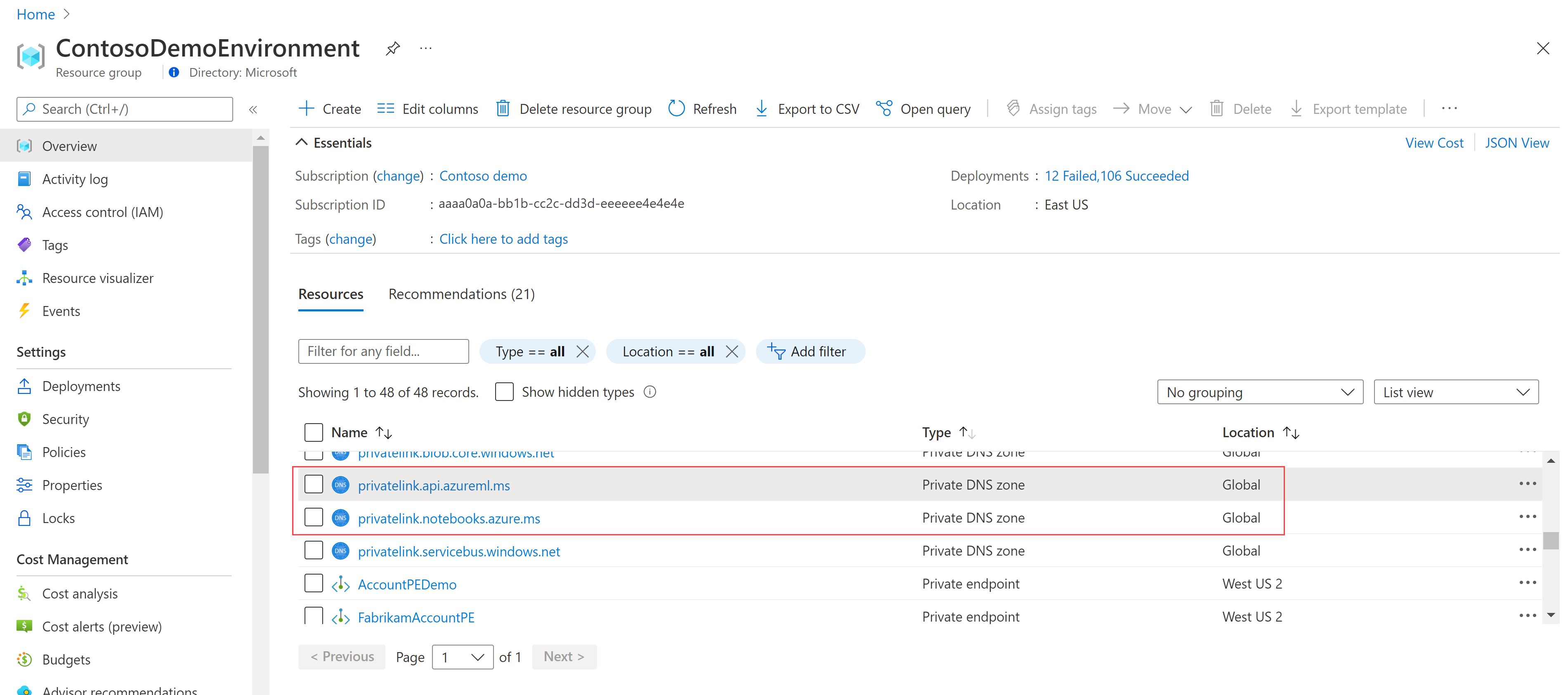 선택한 프라이빗 DNS 영역 리소스의 스크린샷.