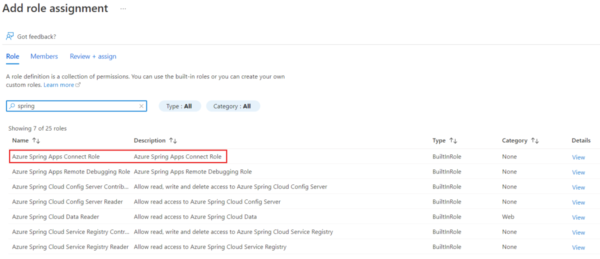 Azure Spring Apps Connect 역할을 보여 주는 역할 할당 추가 페이지의 스크린샷.