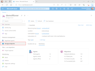 스토리지 엔드포인트 링크의 위치를 보여 주는 Azure Portal 내의 Storage Mover 리소스 페이지의 스크린샷.