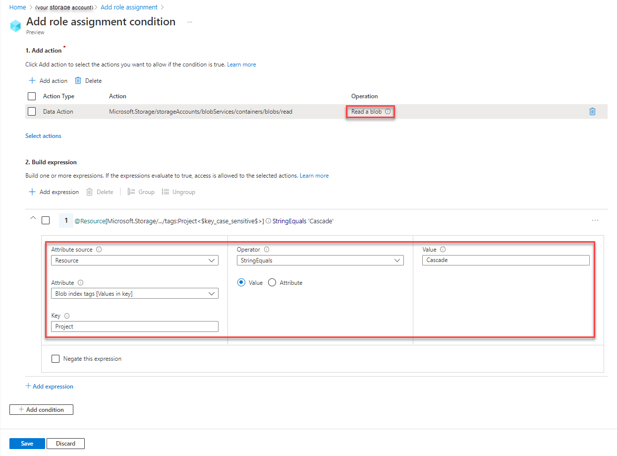 Blob 인덱스 태그가 있는 Blob에 대한 읽기 권한을 보여주는 Azure Portal의 조건 편집기 스크린샷.