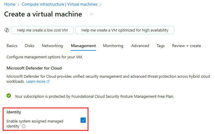 Azure 포털을 사용하여 새 VM을 생성할 때 시스템 할당 관리 ID를 활성화하는 방법을 보여주는 스크린샷입니다.