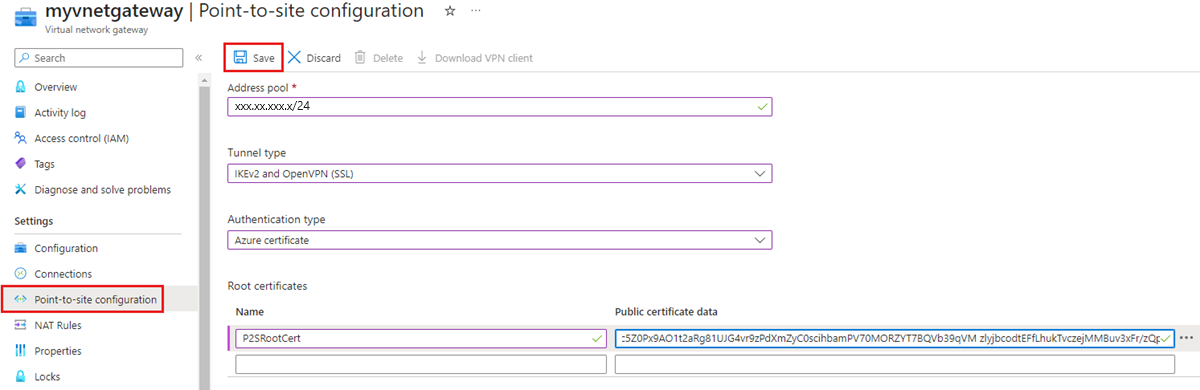 Azure Portal을 사용하여 지점 및 사이트 간 VPN을 구성하는 방법을 보여 주는 스크린샷.