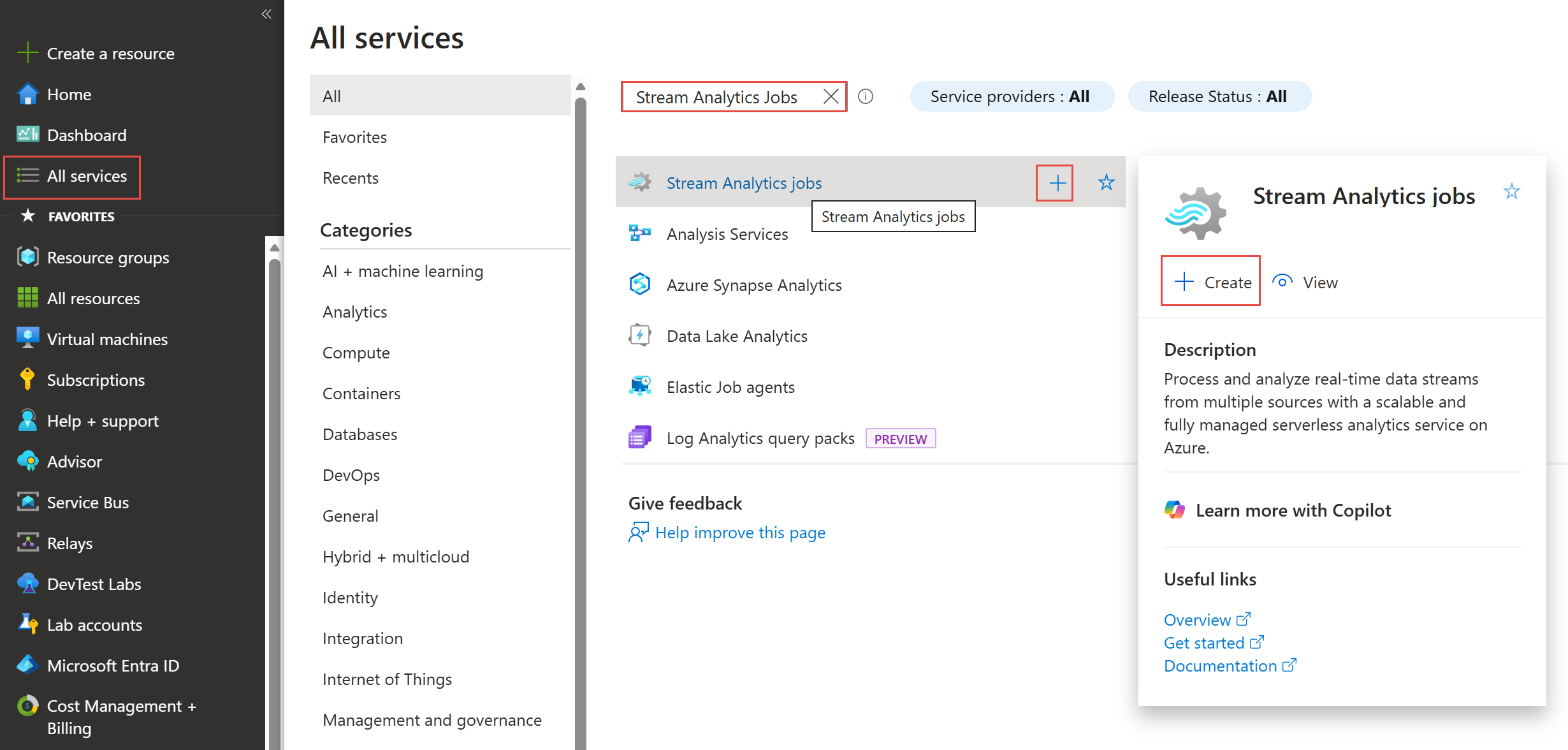 Azure Portal에서 Stream Analytics를 찾는 방법을 보여 주는 스크린샷
